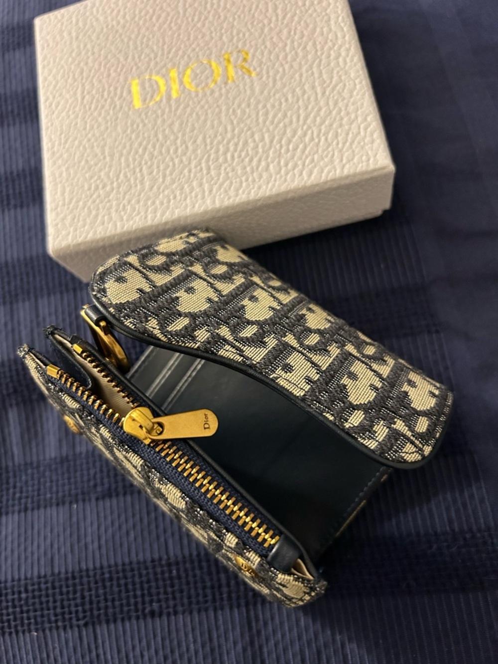 Dior Beige and Black Oblique Canvas Wallet with Gold 'D' Charm - Picture 2 of 4